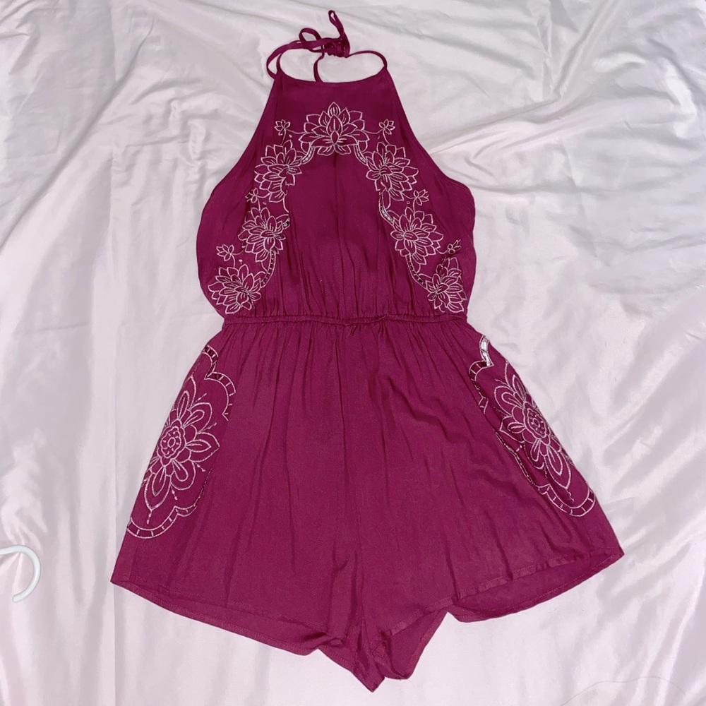 halter tied purple floral romper